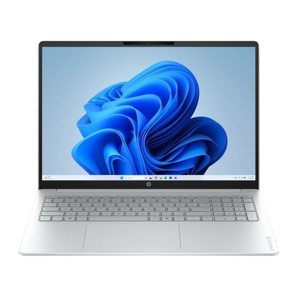 HP OmniBook 3 16 512GB Glacier Silver, vista frontal: pantalla con ondas rojas y naranjas, teclado completo y touchpad - Ítem4