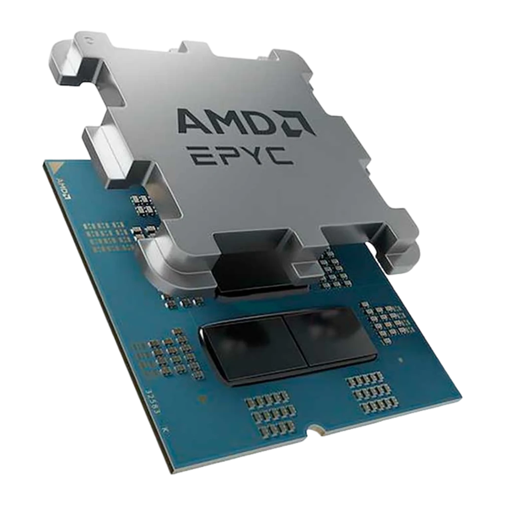 AMD EPYC 4584PX 192GB AM5, vue de face: IHS argenté avec logo AMD EPYC centré et cadre bleu - Ítem3