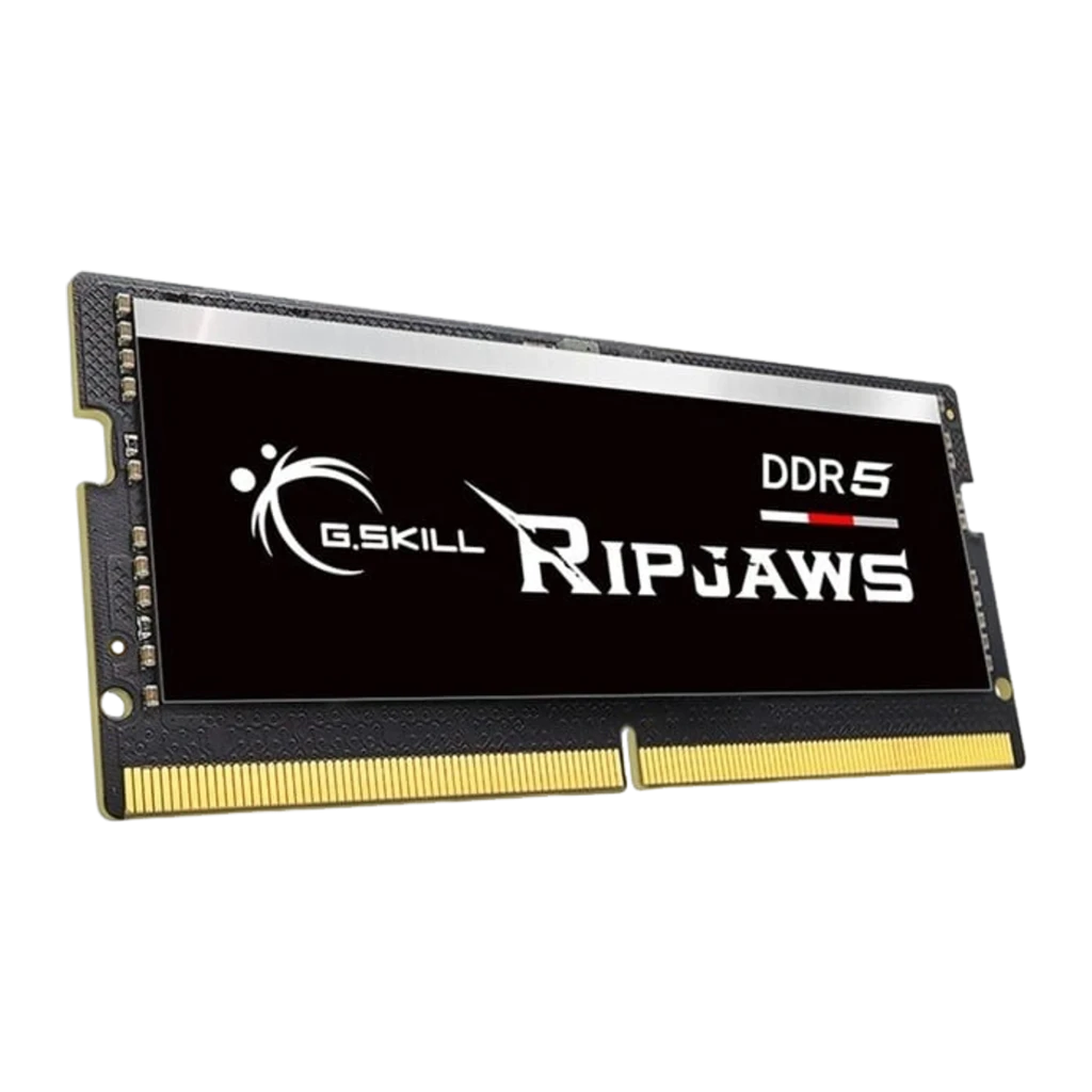 G.Skill Ripjaws DDR5 16GB preto, vista frontal: etiqueta Ripjaws DDR5, faixa prateada superior e contatos dourados - Item1