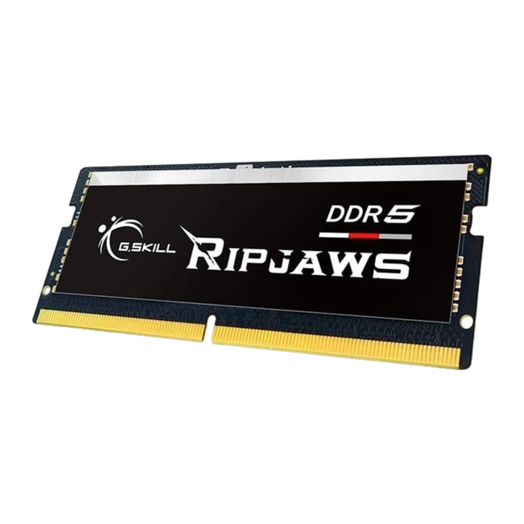 G.Skill Ripjaws DDR5 16GB preto, vista frontal: etiqueta Ripjaws DDR5, faixa prateada superior e contatos dourados - Item2