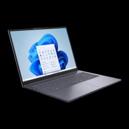 Lenovo IdeaPad Slim 3 16IRH10 1TB Cinzento, vista frontal direita: ecrã com Windows 11, teclado e portas laterais visíveis