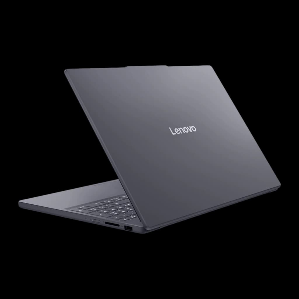 Lenovo IdeaPad Slim 3 16IRH10 1TB Cinzento, vista traseira esquerda: tampa com logo Lenovo e portas na lateral inferior