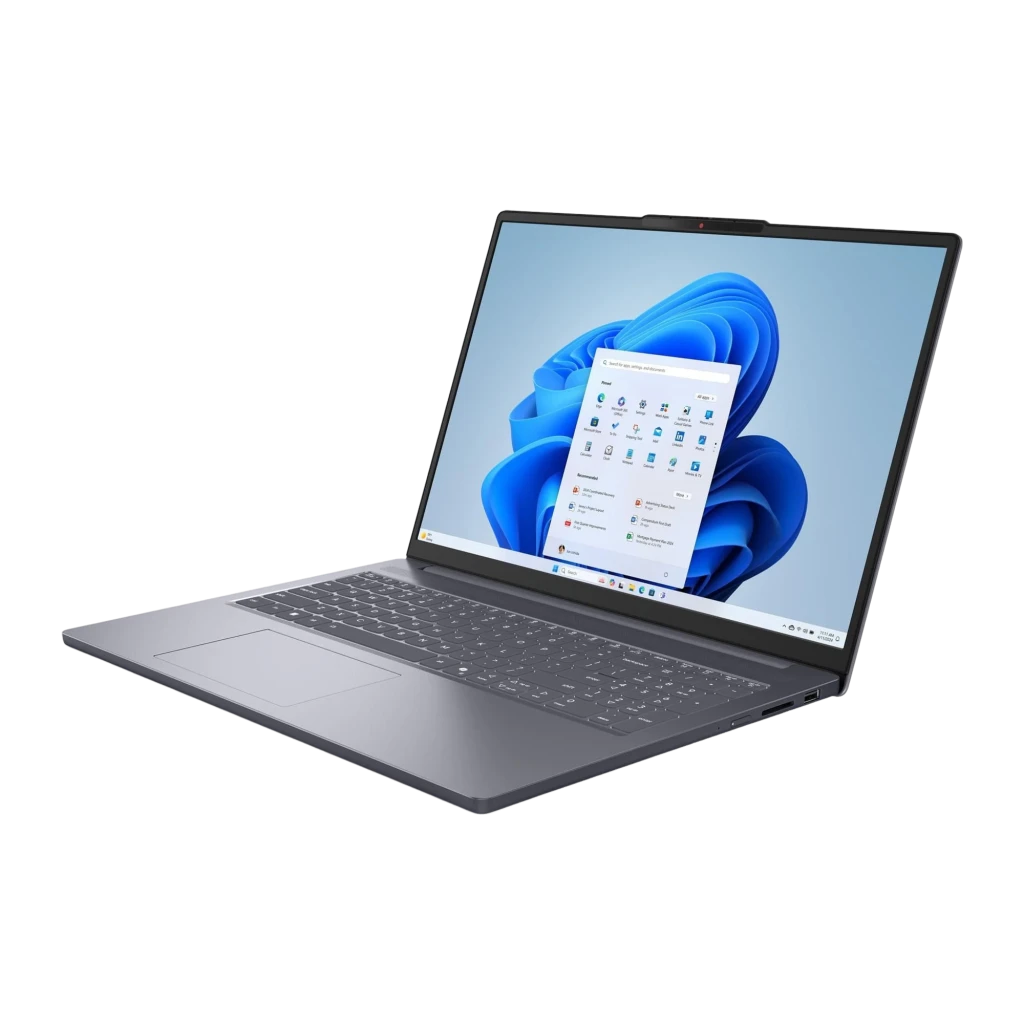 Lenovo IdeaPad Slim 3 16IRH10 1TB Gris, vue avant droite: écran avec Windows 11, clavier et ports latéraux visibles - Ítem3
