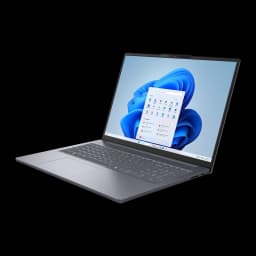 Lenovo IdeaPad Slim 3 16IRH10 1TB Cinzento, vista frontal esquerda: ecrã com Windows 11, touchpad e porta USB lateral