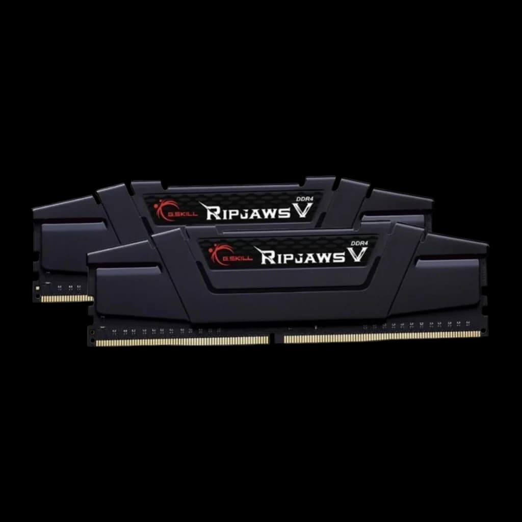 G.Skill Ripjaws V DDR4 16GB noir, vue de face: deux modules DIMM empilés, dissipateur noir avec logo rouge et connecteurs