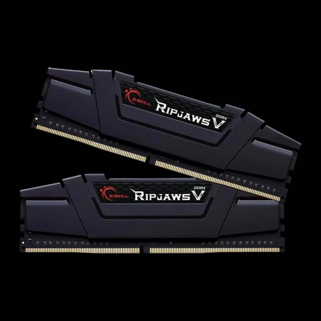G.Skill Ripjaws V DDR4 16GB noir, vue latérale décalée: deux modules DIMM séparés montrant connecteurs dorés et profil du