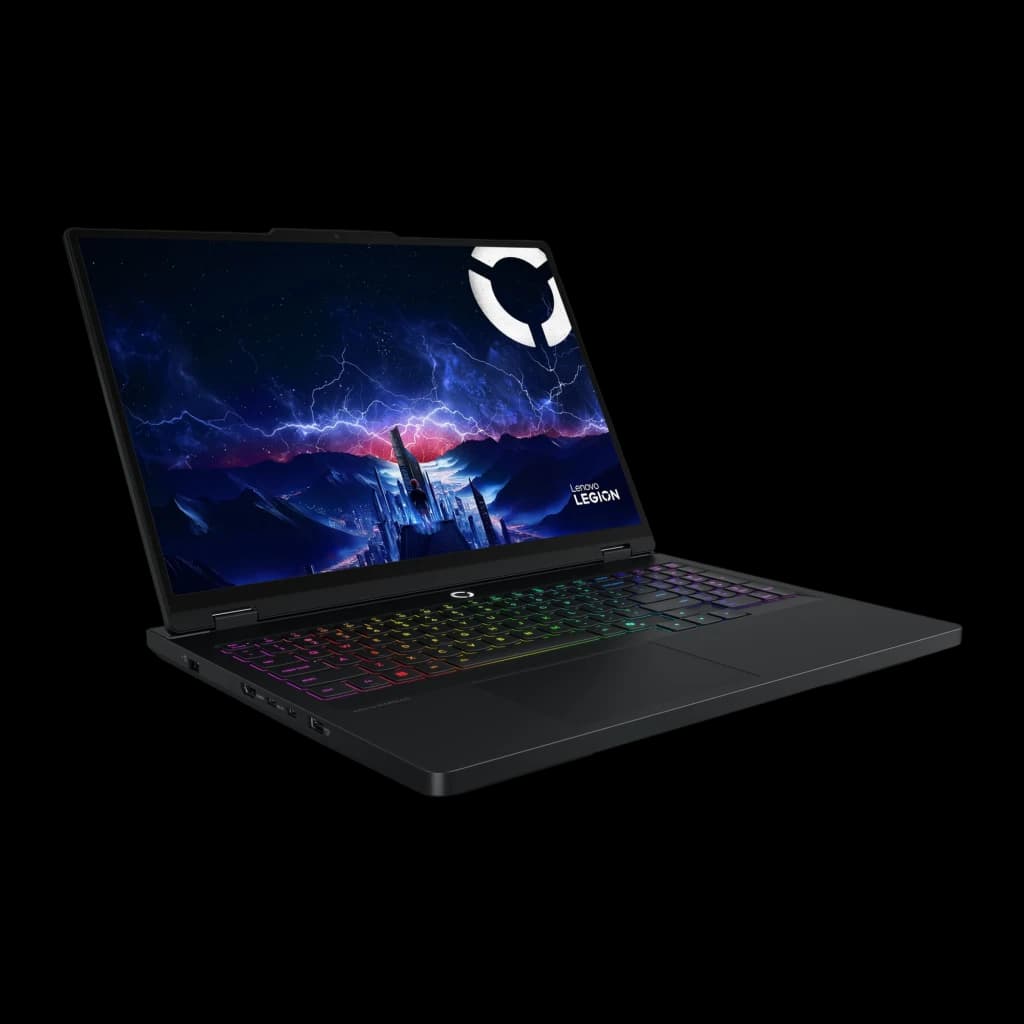 Lenovo Legion Pro 5 16IRX10 1TB noir, vue angulaire gauche: ports latéraux visibles, clavier RGB et écran gaming