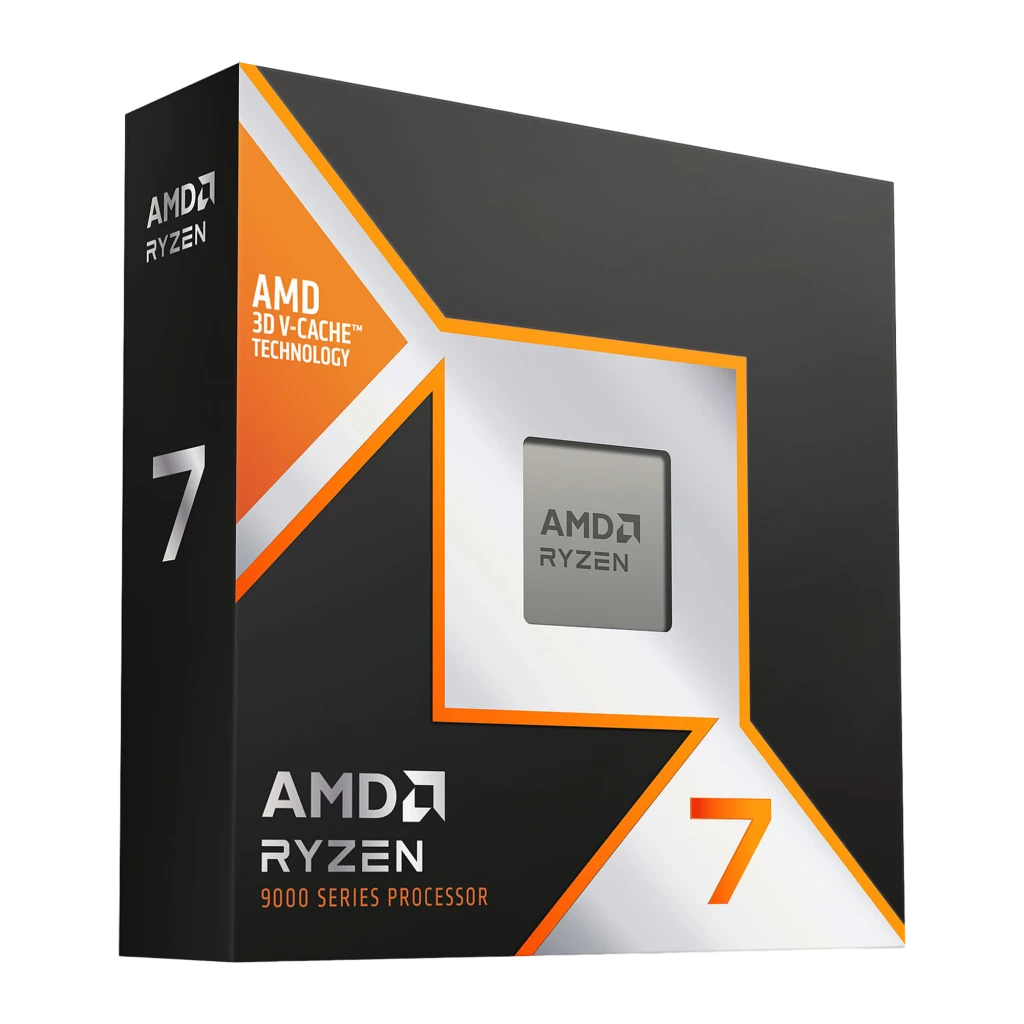 AMD Ryzen 7 9850X3D AM5, vue principale: boîte noire design orange et processeur AM5 avec contacts dorés - Ítem1