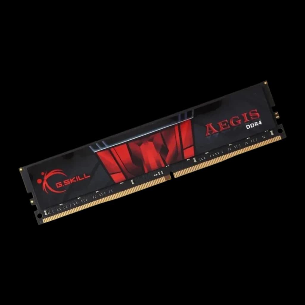 G.Skill Aegis DDR4 3200MHz 64GB CL16 preto, vista em ângulo: módulo DIMM inclinado mostrando dissipador e PCB