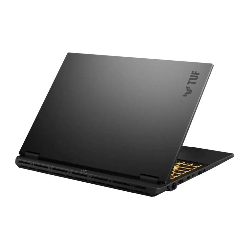 ASUS TUF Gaming F16 FX608JMR 1TB Jaeger Gray, vista frontal en ángulo: pantalla con logo TUF y teclado RGB dorado - Ítem1