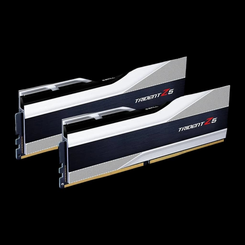 G.Skill Trident Z5 32GB DDR5 6000 Argent, vue en perspective: deux modules DIMM avec dissipateur argenté et noir et logo
