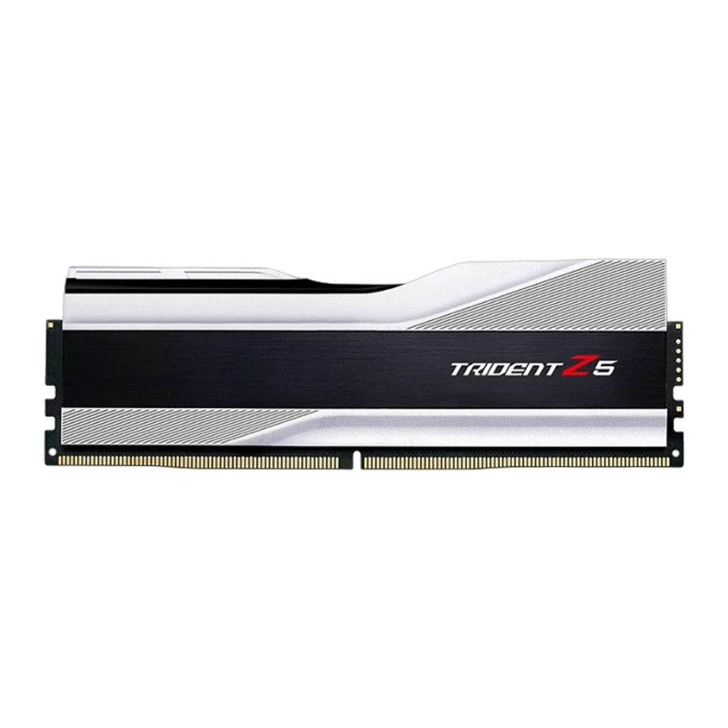G.Skill Trident Z5 32GB DDR5 6000 Argent, vue en perspective: deux modules DIMM avec dissipateur argenté et noir et logo - Ítem1