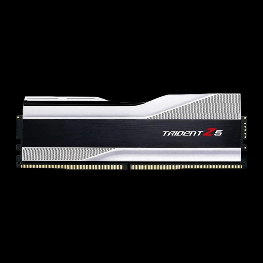 G.Skill Trident Z5 32GB DDR5 6000 Argent, vue de face: module DIMM unique avec dissipateur argenté et noir, contacts dorés