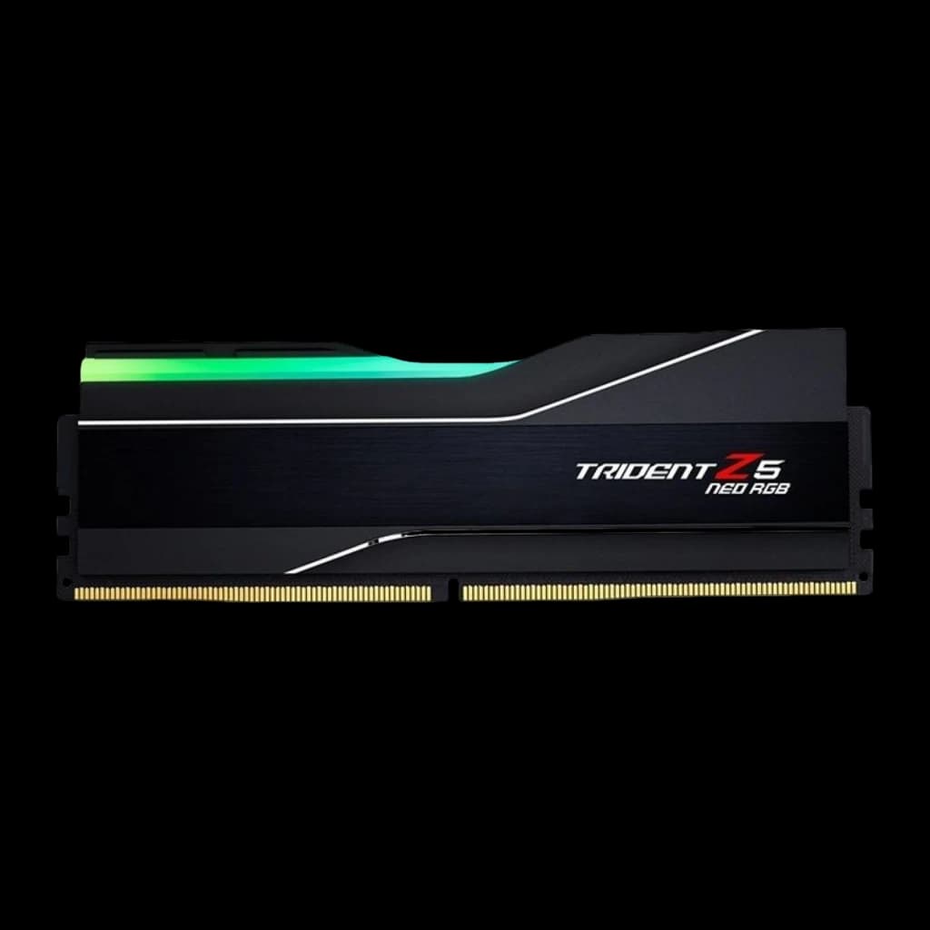 G.Skill Trident Z5 Neo RGB 32GB DDR5 noir, vue de face: dissipateur noir brossé avec éclairage RGB vert en haut