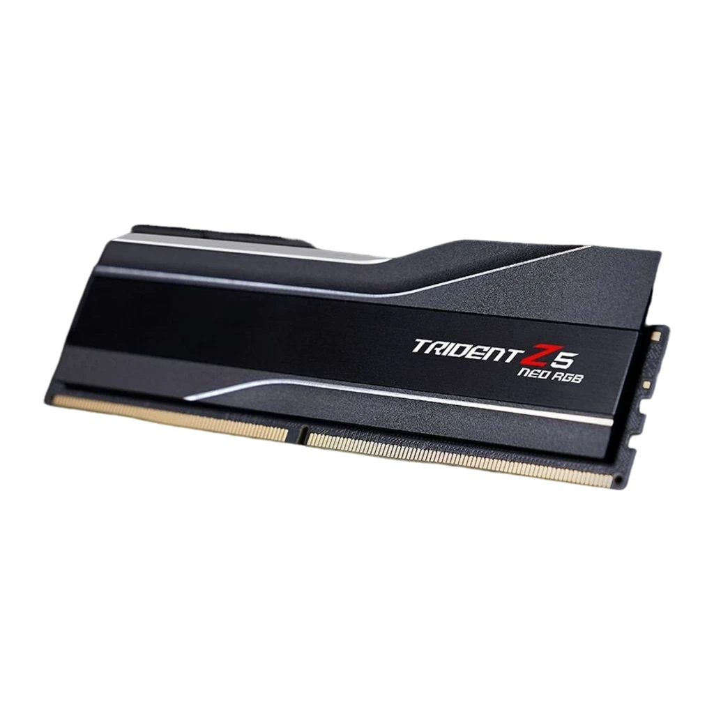 G.Skill Trident Z5 Neo RGB 32GB DDR5 noir, vue de face: dissipateur noir brossé avec éclairage RGB vert en haut - Ítem1