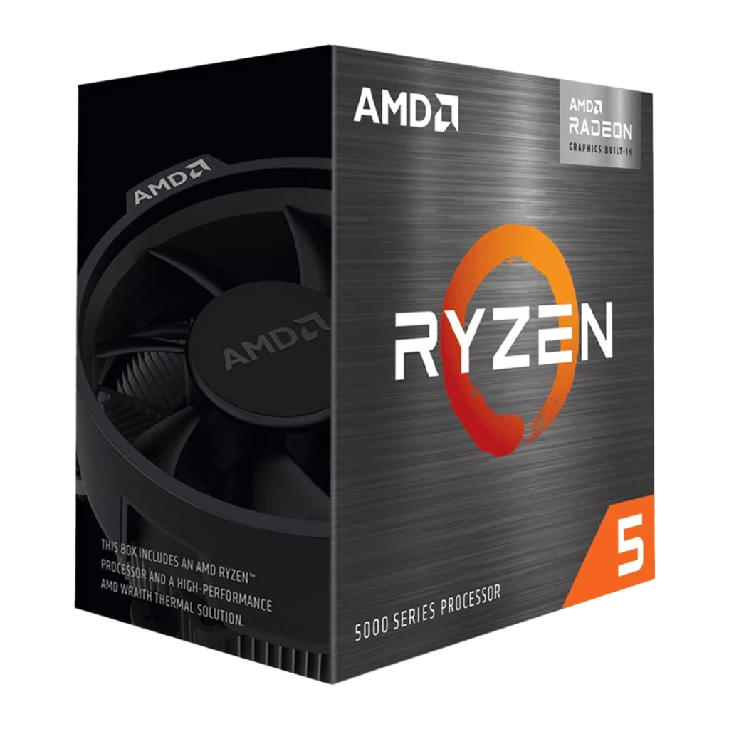 AMD Ryzen 5 5600G, boîte de face en angle: design gris métallique avec logo Ryzen orange et panneau latéral avec puce gravée - Ítem1