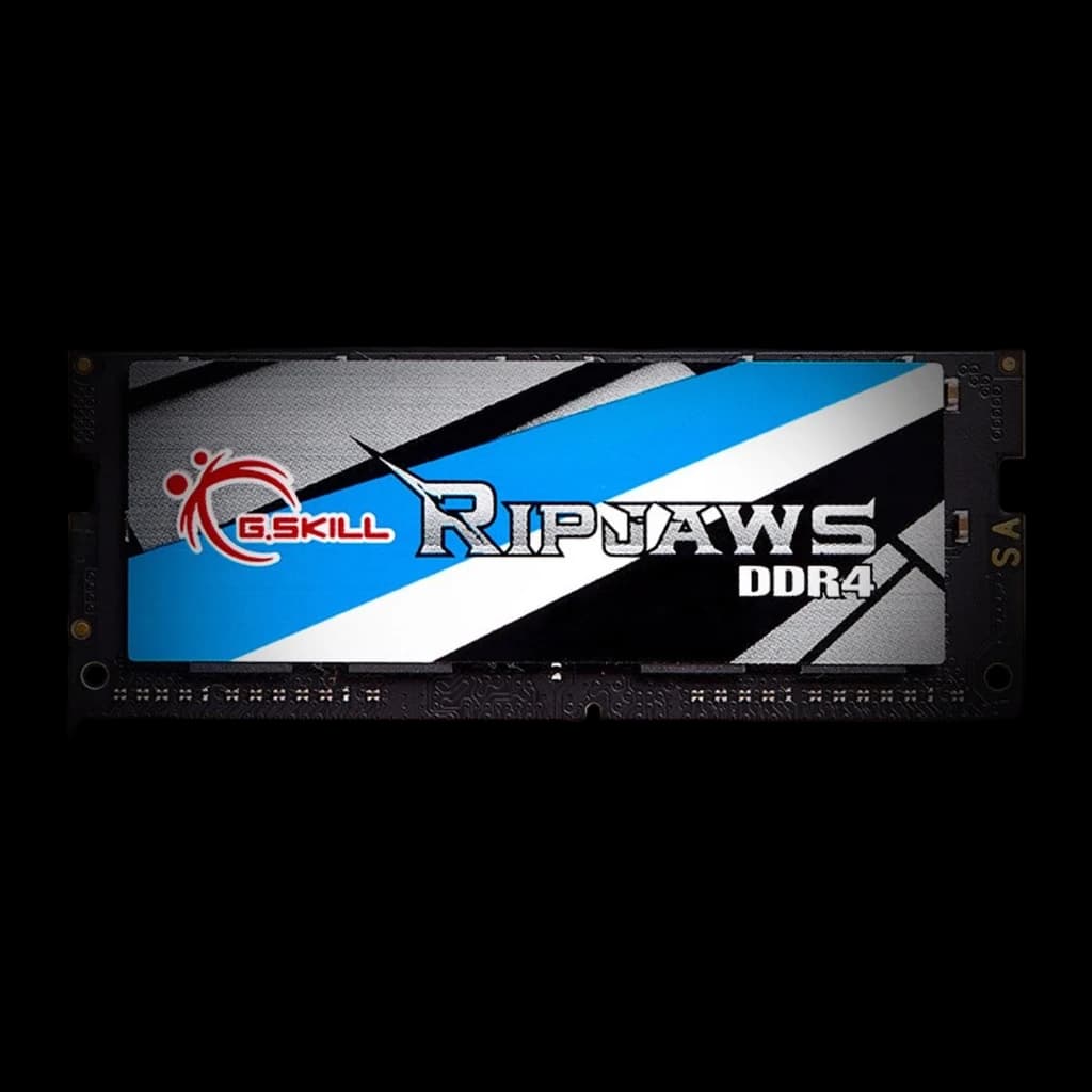 G.Skill Ripjaws DDR4 3200 MHz 32GB SO-DIMM noir, vue avant: étiquette bleue et blanche avec logo G.Skill et texte Ripjaws