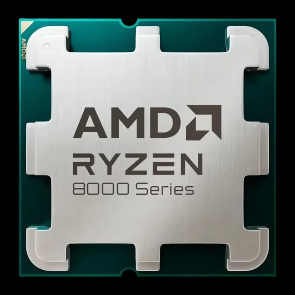 AMD Ryzen 7 8700F AM5 5 GHz, vue de face: IHS métallique argenté avec logo AMD Ryzen 8000 Series sur PCB vert