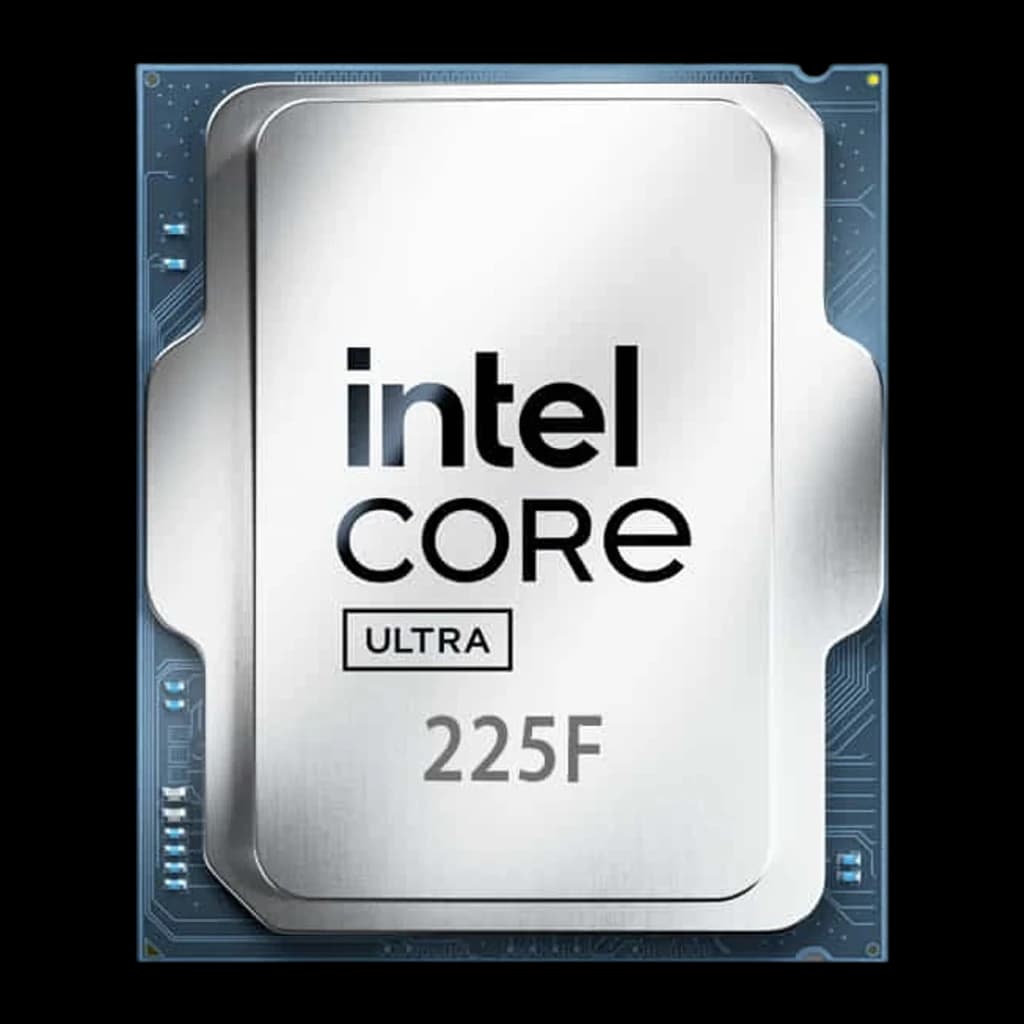 Intel Core Ultra 5 225F Tray, vista frontal: IHS prateado com logótipo Intel Core Ultra 225F em preto