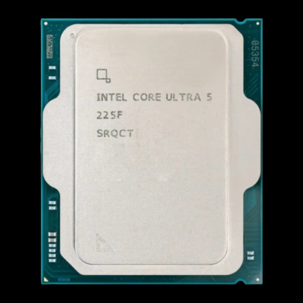 Intel Core Ultra 5 225F Tray, vista superior: IHS cinza com texto gravado INTEL CORE ULTRA 5 225F e código SRQCT