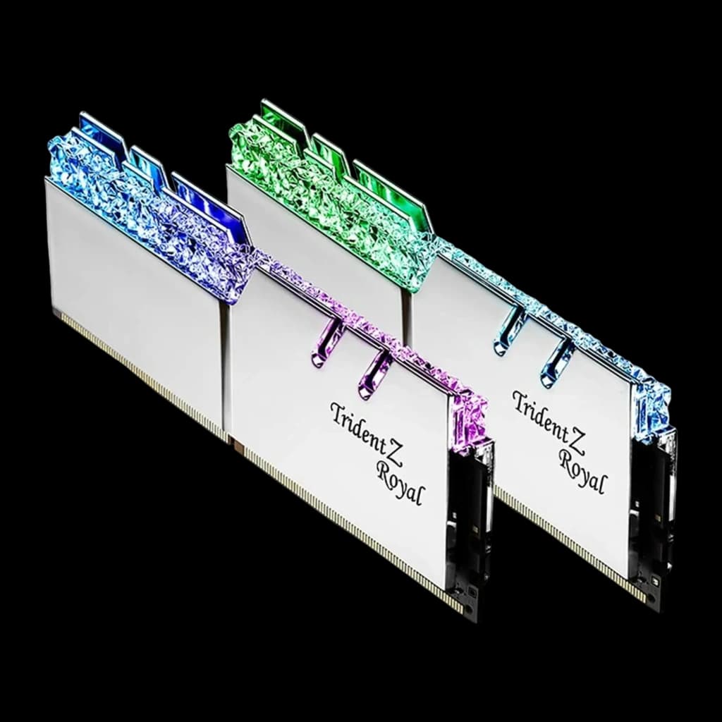 G.Skill Trident Z Royal 32GB DDR4 3200MHz Plata, vista frontal en ángulo: 2 módulos con difusor cristal RGB iluminado y