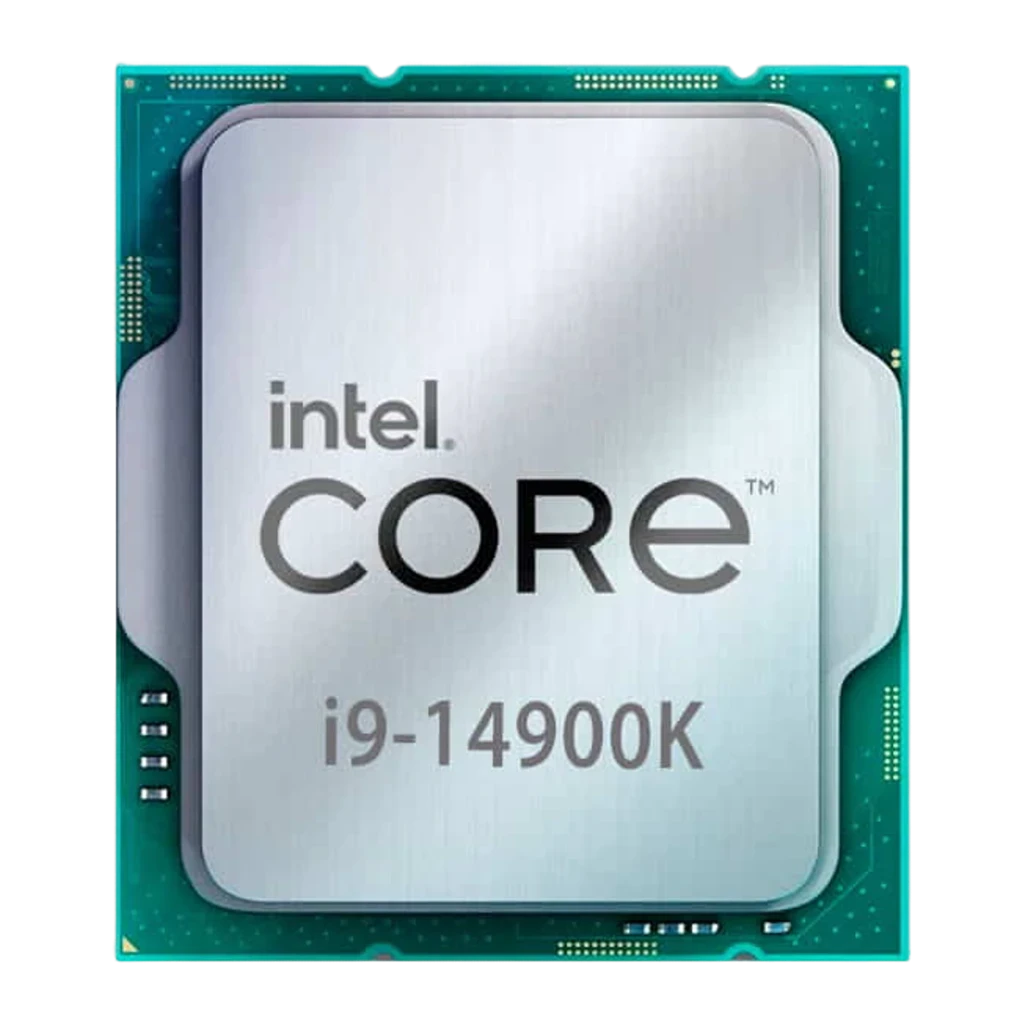 Boîte bleue Intel Core i9 14e générique et processeur i9-14900K LGA1700 visible, puce carrée avec capot métallique et circuits verts, mention Unlocked - Ítem3