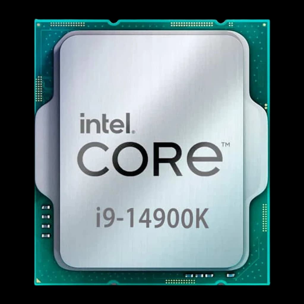 Procesador Intel Core i9-14900K con cubierta plateada y PCB verde, texto intel CORE visible, zócalo LGA1700, diseño cuadrado y contactos perimetrales