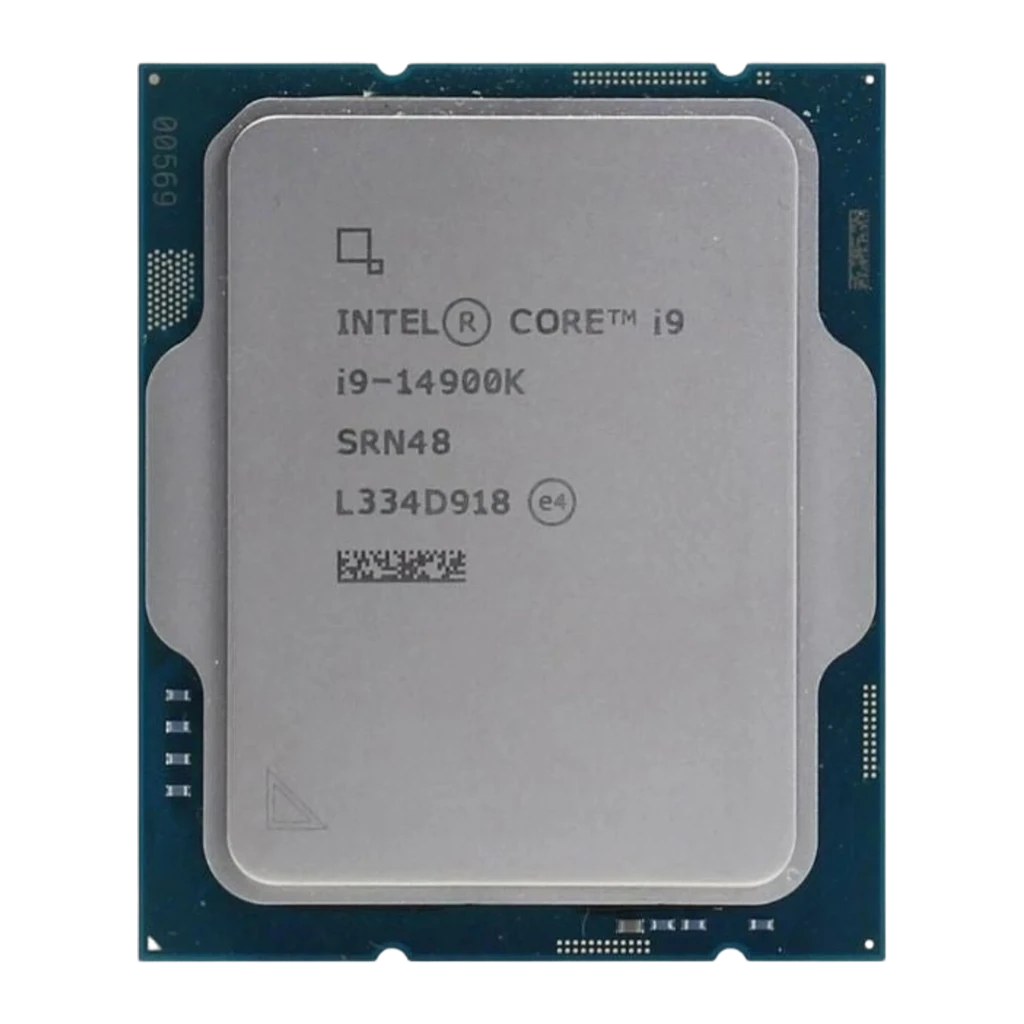 Boîte bleue Intel Core i9 14e générique et processeur i9-14900K LGA1700 visible, puce carrée avec capot métallique et circuits verts, mention Unlocked - Ítem1