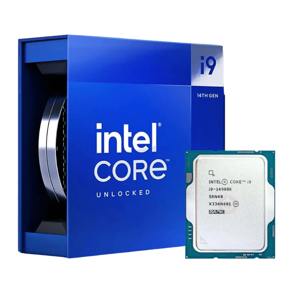 Boîte bleue Intel Core i9 14e générique et processeur i9-14900K LGA1700 visible, puce carrée avec capot métallique et circuits verts, mention Unlocked - Ítem2