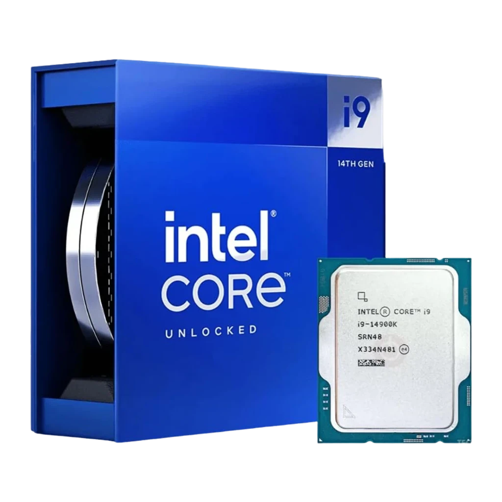 Boîte bleue Intel Core i9 14e générique et processeur i9-14900K LGA1700 visible, puce carrée avec capot métallique et circuits verts, mention Unlocked - Ítem