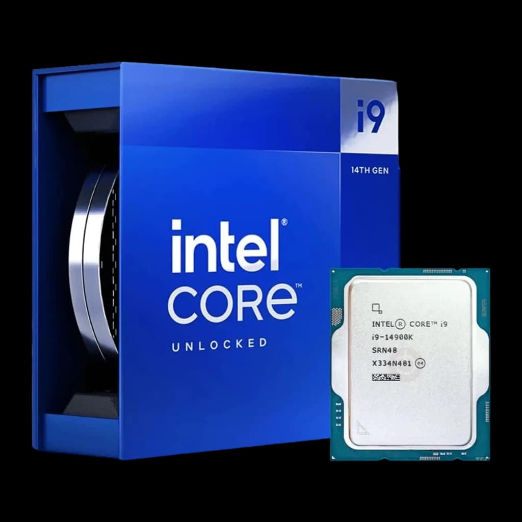 Caja azul Intel Core i9 14th Gen junto a procesador i9-14900K LGA1700 expuesto, chip verde con IHS plateado y texto grabado, versión Unlocked