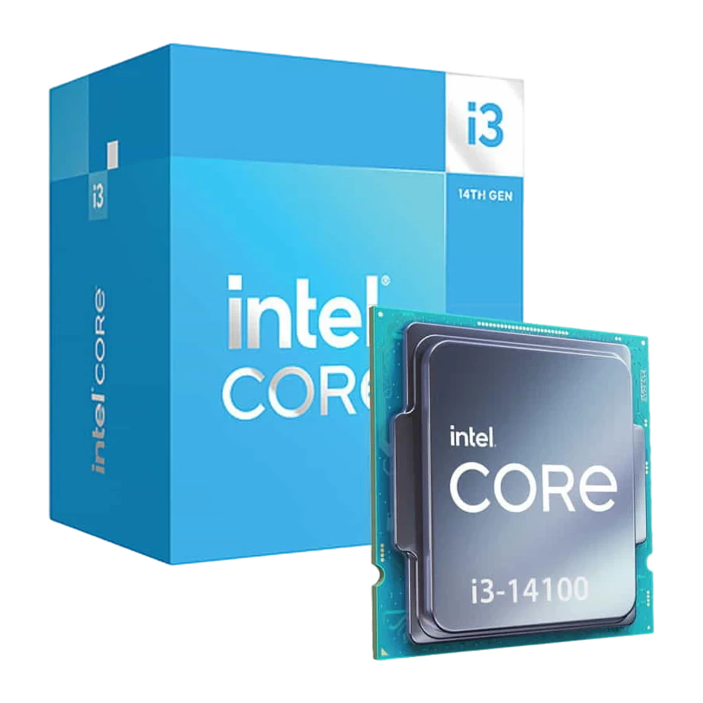 Processeur Intel Core i3-14100 4 cœurs LGA1700 en boîte, puce visible avec marquage i3-14100, packaging bleu i3 14e génération, format desktop - Ítem