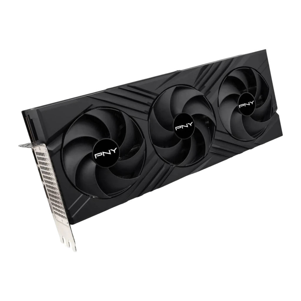 PNY RTX 4080 16GB VERTO Triple Fan negra, vista frontal: tres ventiladores con logo PNY y shroud con diseño angular - Ítem1