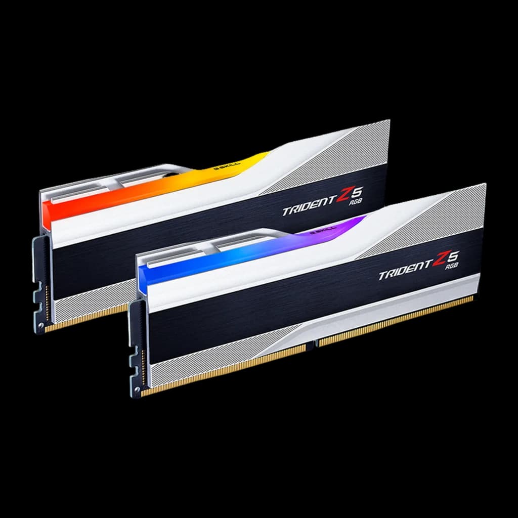 G.Skill Trident Z5 RGB DDR5 32GB 6000MHz noir et argent, vue avant en angle: kit 2 modules avec éclairage RGB allumé