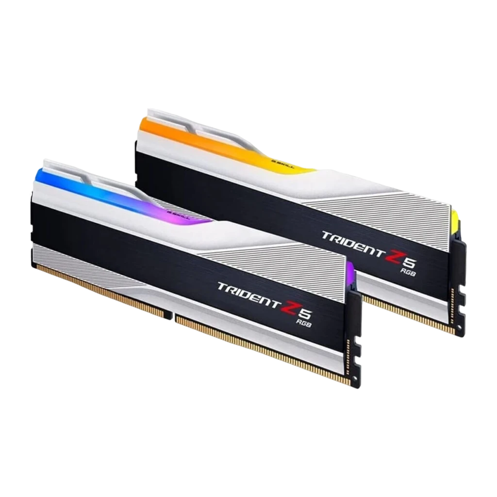 G.Skill Trident Z5 RGB DDR5 32GB 6000MHz noir et argent, vue avant en angle: kit 2 modules avec éclairage RGB allumé - Ítem1