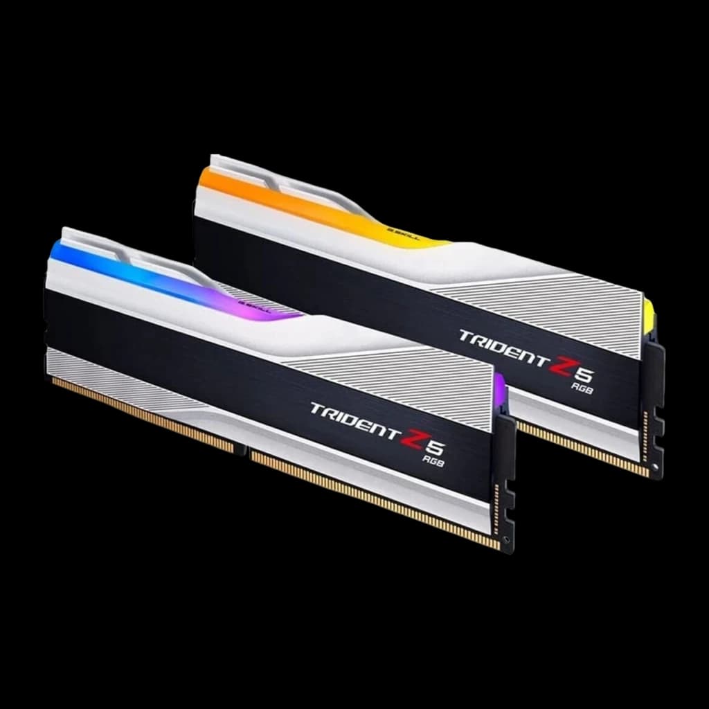 G.Skill Trident Z5 RGB DDR5 32GB 6000MHz noir et argent, vue latérale en angle: kit 2 modules côté argenté du dissipateur