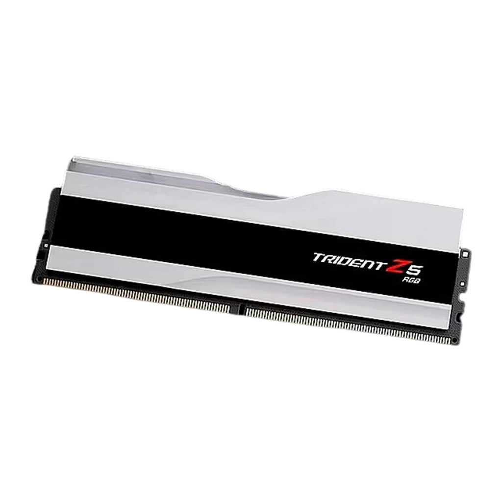 G.Skill Trident Z5 RGB DDR5 32GB 6000MHz noir et argent, vue avant en angle: kit 2 modules avec éclairage RGB allumé - Ítem2