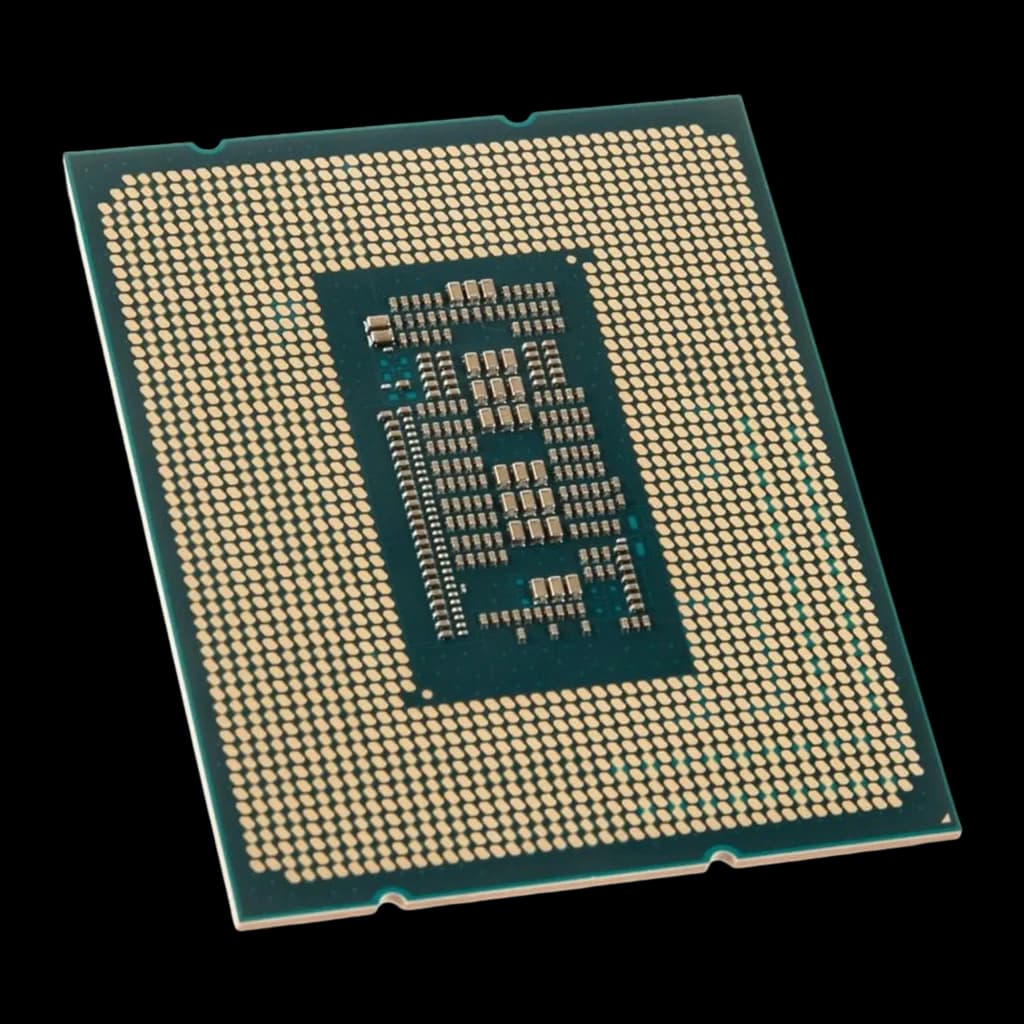 Intel Core i5-12400F LGA1700 Tray, vista trasera en ángulo: pines LGA1700 dorados y zona central de contactos visible