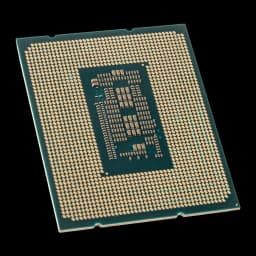 Intel Core i5-12400F LGA1700 Tray, vista trasera en ángulo: pines LGA1700 dorados y zona central de contactos visible