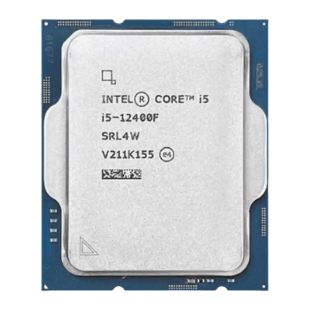 Intel Core i5-12400F LGA1700 Tray, vista frontal: IHS plateado con número de serie SRL4W y código de barras, PCB azul