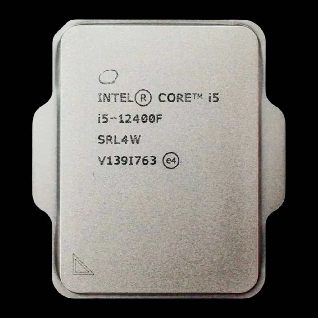 Intel Core i5-12400F LGA1700 Tray, vista frontal recortada: IHS plateado sin PCB visible, número de serie SRL4W y V1391763
