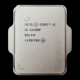Intel Core i5-12400F LGA1700 Tray, vista frontal recortada: IHS plateado sin PCB visible, número de serie SRL4W y V1391763