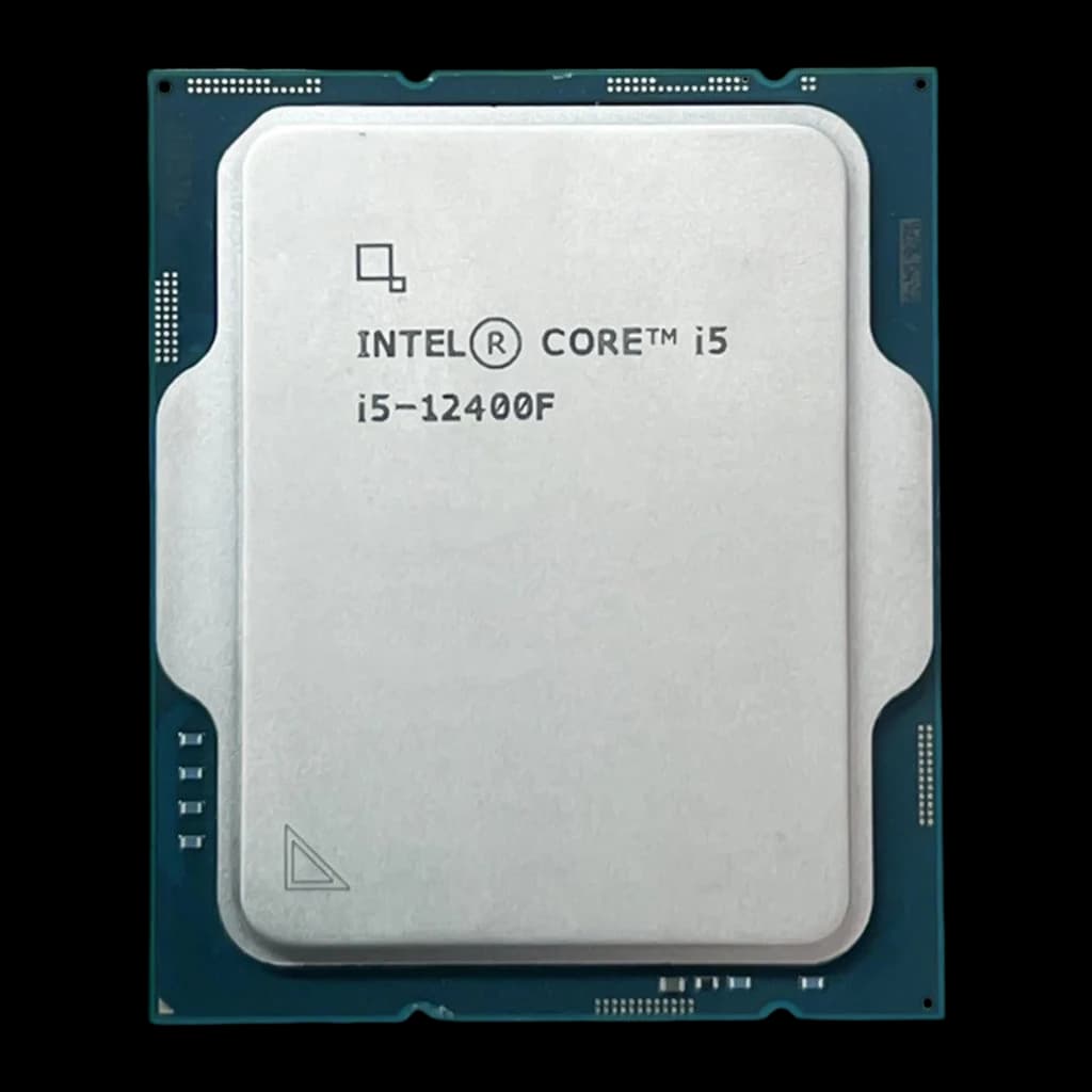 Intel Core i5-12400F LGA1700 Tray, vista frontal: IHS plateado con grabado i5-12400F, PCB azul y triángulo de orientación