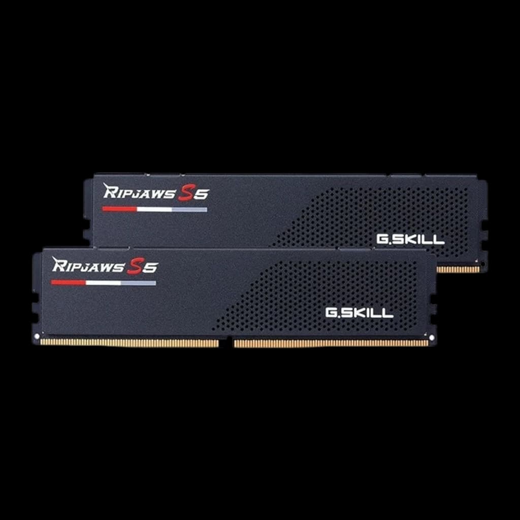 G.Skill Ripjaws S5 64GB DDR5 6000MHz preto, vista frontal: kit 2 módulos com dissipador preto, logo e contatos dourados