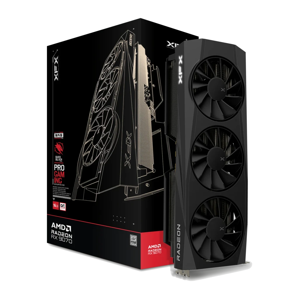 XFX Radeon RX 9070 QuickSilver OC 16GB negro, vista frontal: tres ventiladores con logo X y conector PCIe dorado - Ítem2