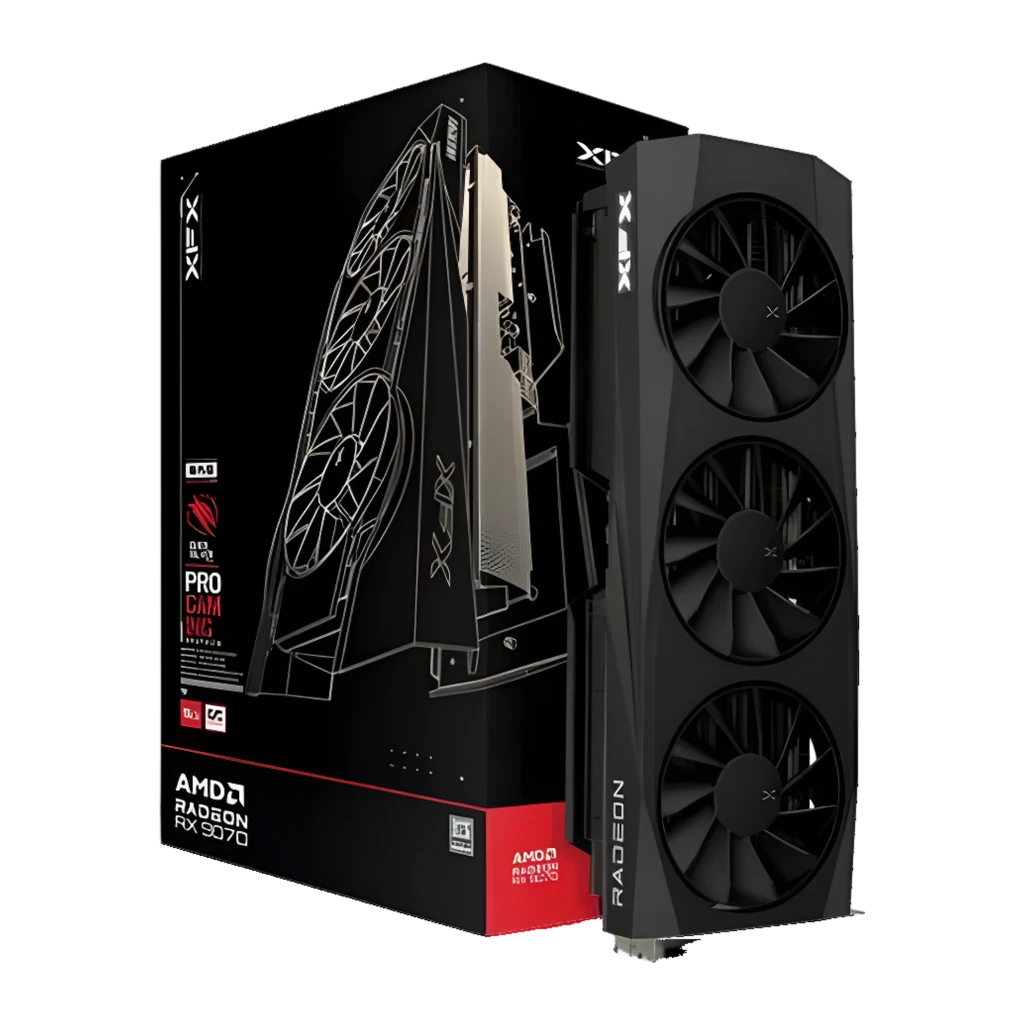 XFX Radeon RX 9070 QuickSilver OC 16GB negro, vista frontal: tres ventiladores con logo X y conector PCIe dorado - Ítem4