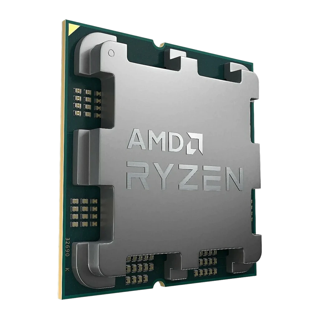 AMD Ryzen 5 7600 AM5 Tray, vue du dessus: IHS argenté avec logo AMD Ryzen gravé, PCB vert et contacts dorés - Ítem1