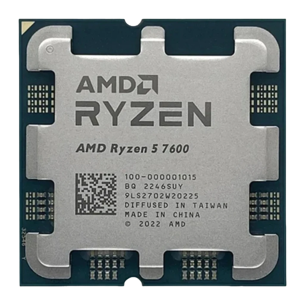 AMD Ryzen 5 7600 AM5 Tray, vue du dessus: IHS argenté avec logo AMD Ryzen gravé, PCB vert et contacts dorés - Ítem2