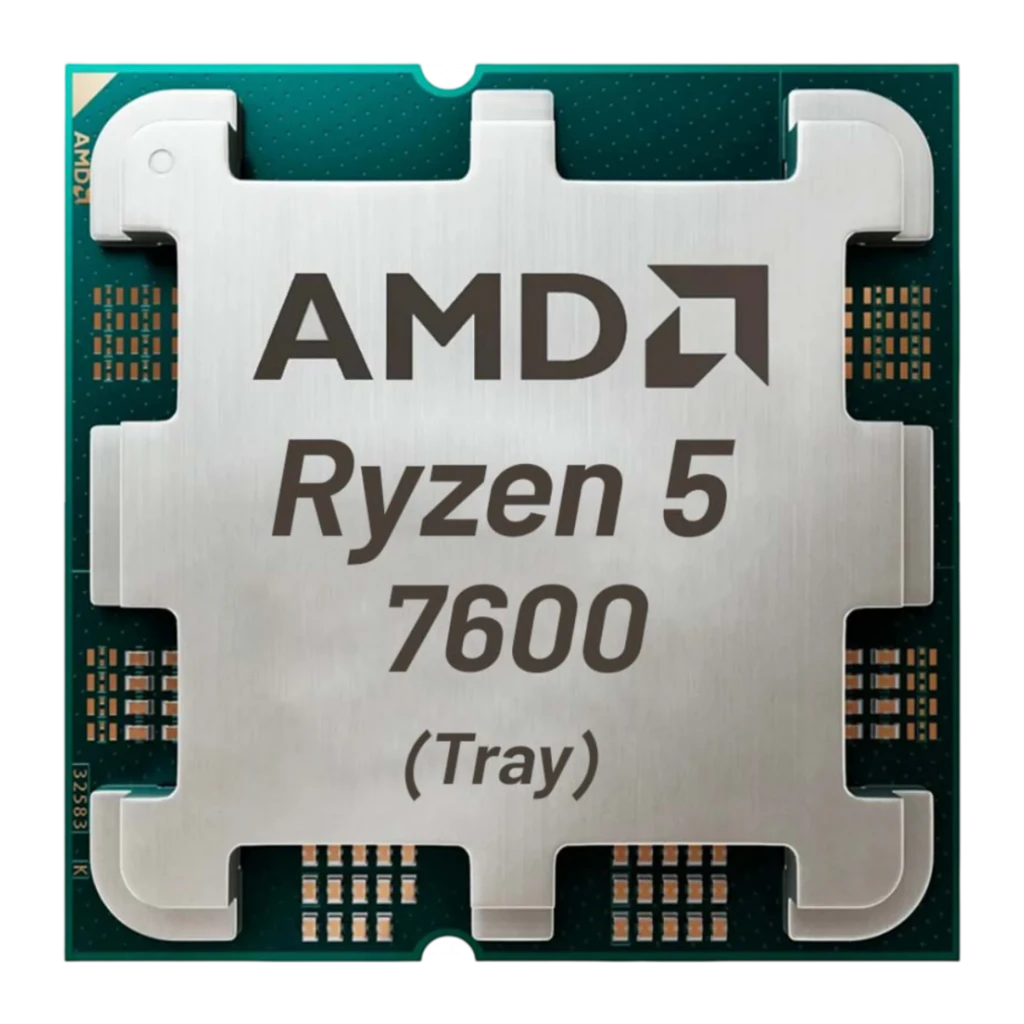 AMD Ryzen 5 7600 AM5 Tray, vue du dessus: IHS argenté avec logo AMD Ryzen gravé, PCB vert et contacts dorés - Ítem3