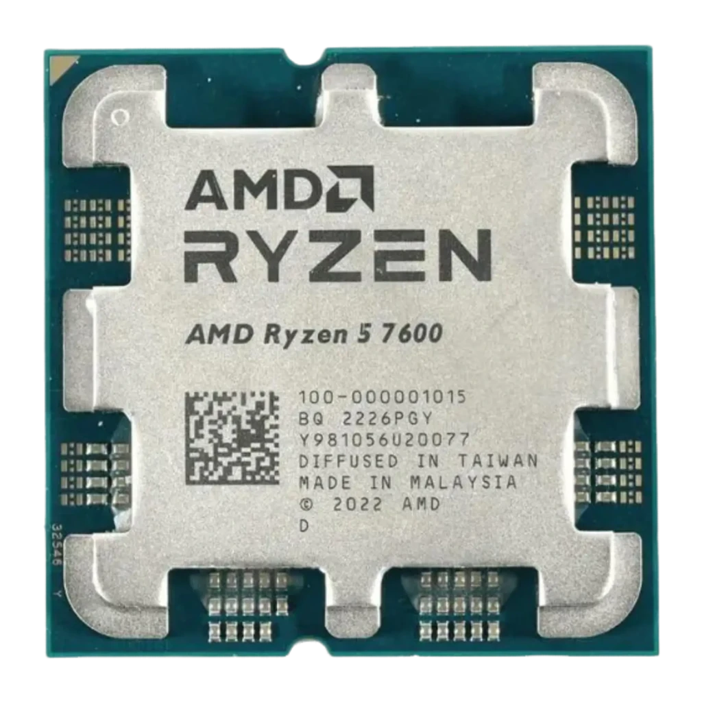 AMD Ryzen 5 7600 AM5 Tray, vue du dessus: IHS argenté avec logo AMD Ryzen gravé, PCB vert et contacts dorés - Ítem4